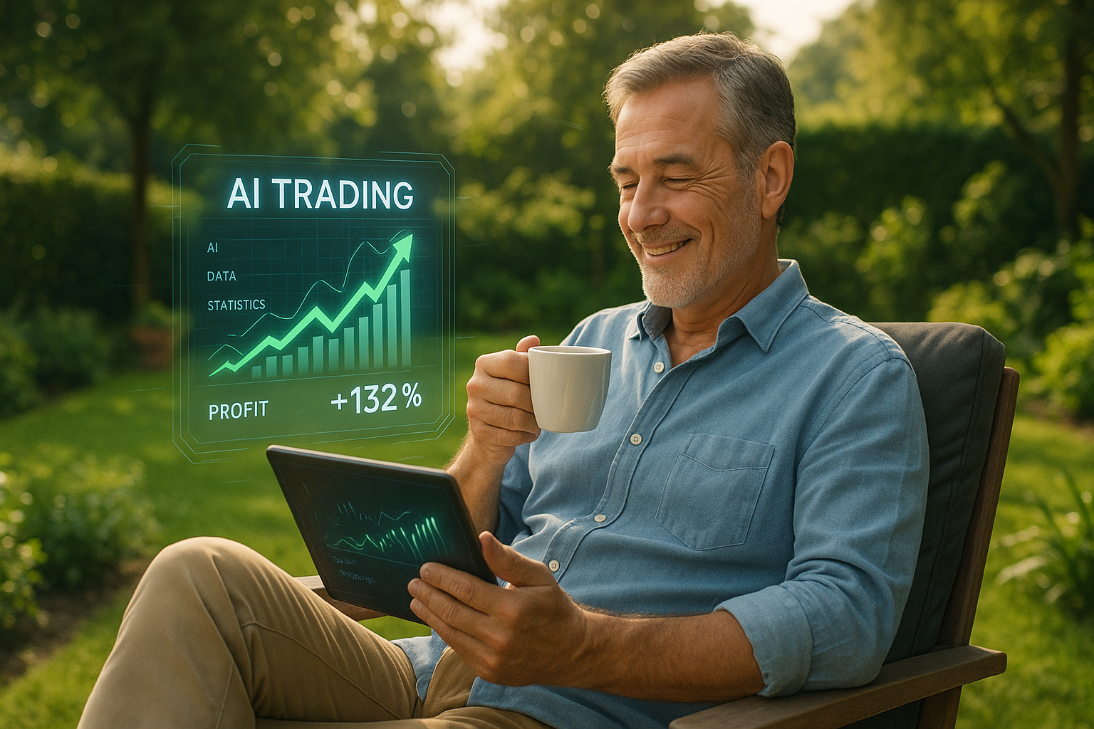 Man relaxing in garden with AI trading dashboard showing +132% profit